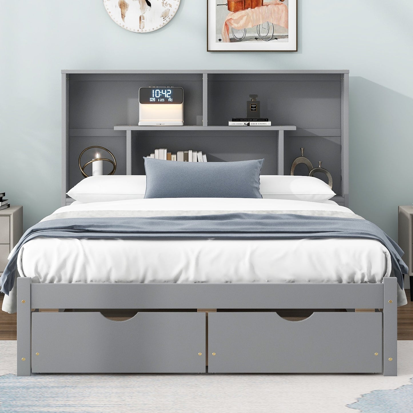 Full Size Platform Bed with Storage Headboard and 2 Drawers, Gray - Korvel
