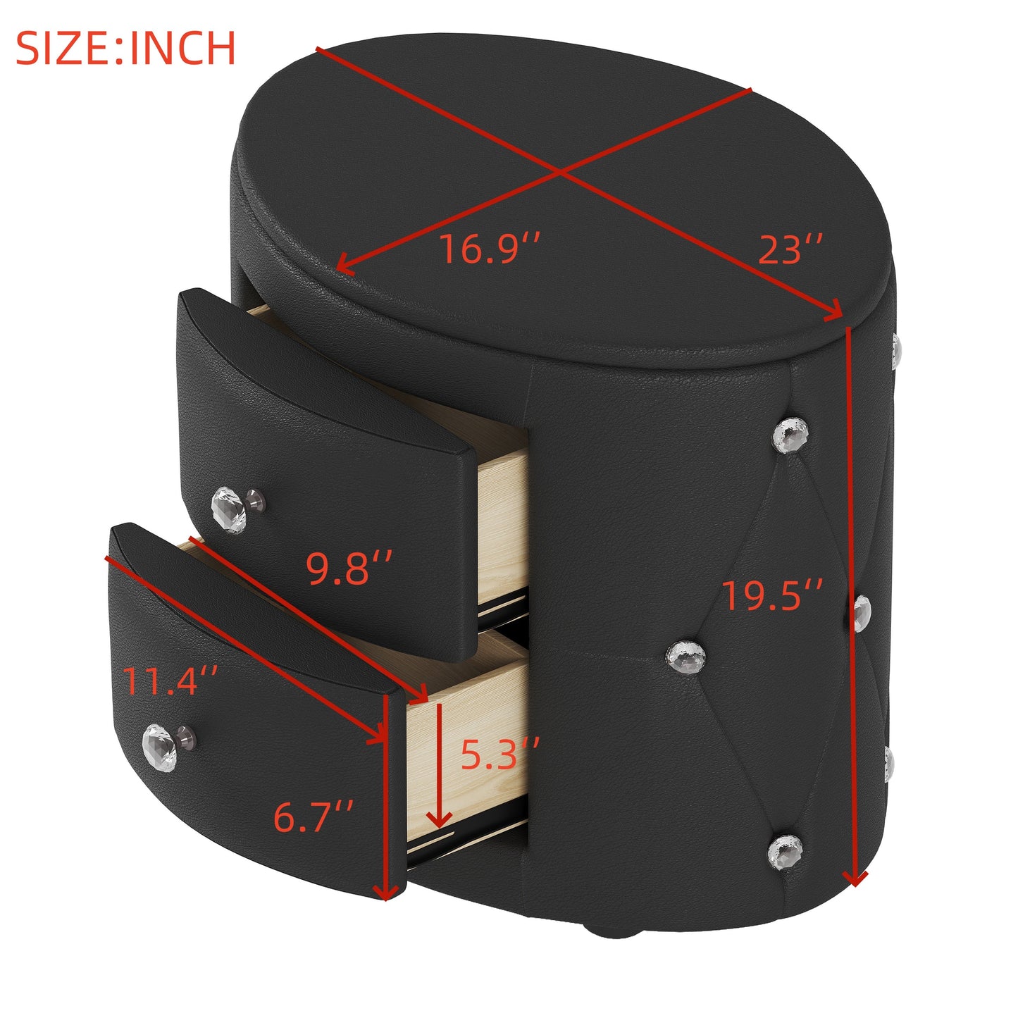 Elegant PU Nightstand with 2 Drawers and Crystal Handle,Fully Assembled Except Legs&Handles,Storage Bedside Table - Black - Korvel