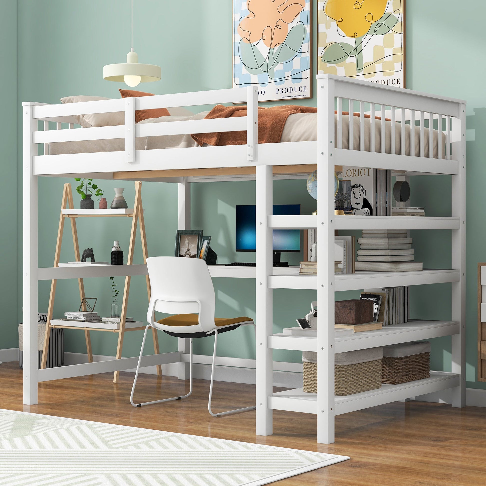 Full Size Loft Bed with Storage Shelves and Under-bed Desk  White - Korvel