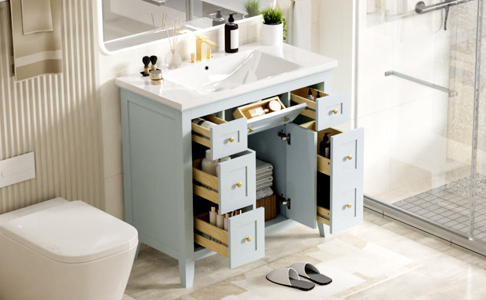 Meuble de salle de bain bleu clair de 36" avec évier en résine et rangement