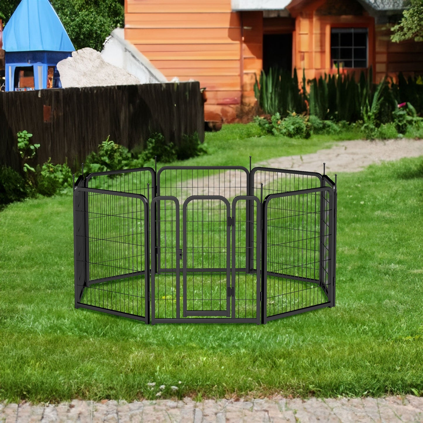 Outdoor dog fence, 8-piece board dog fence. 31 inch portable pet sports fence. Black, 26.3 inches wide x 31.5 inches high. - Korvel