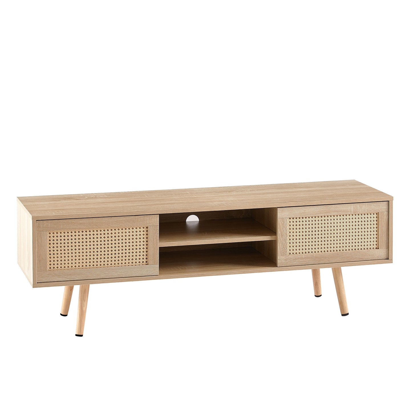 55.12" Rattan TV cabinet double sliding doors for storage adjustable shelf solid wood legs TV console for living room natural - Korvel