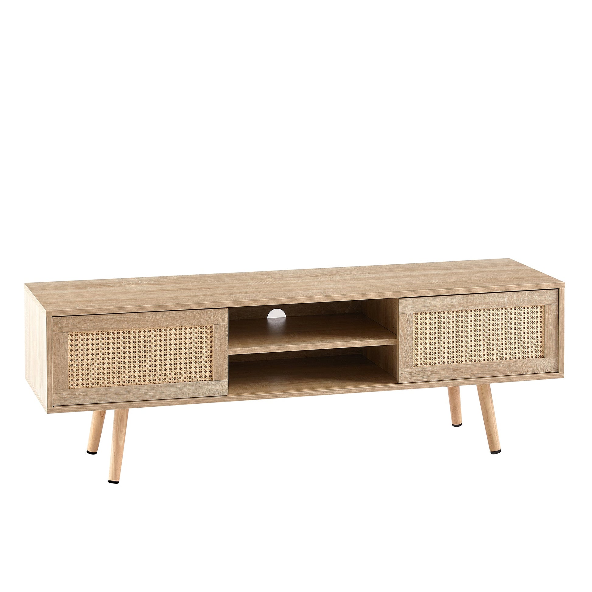 55.12" Rattan TV cabinet double sliding doors for storage adjustable shelf solid wood legs TV console for living room natural - Korvel