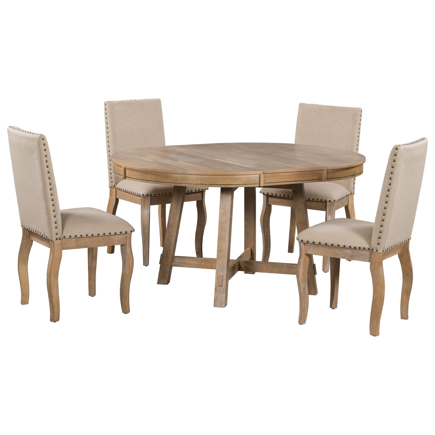 TREXM 5-Piece Farmhouse Dining Table Set Wood Round Extendable Dining Table and 4 Upholstered Dining Chairs (Natural Wood Wash) - Korvel
