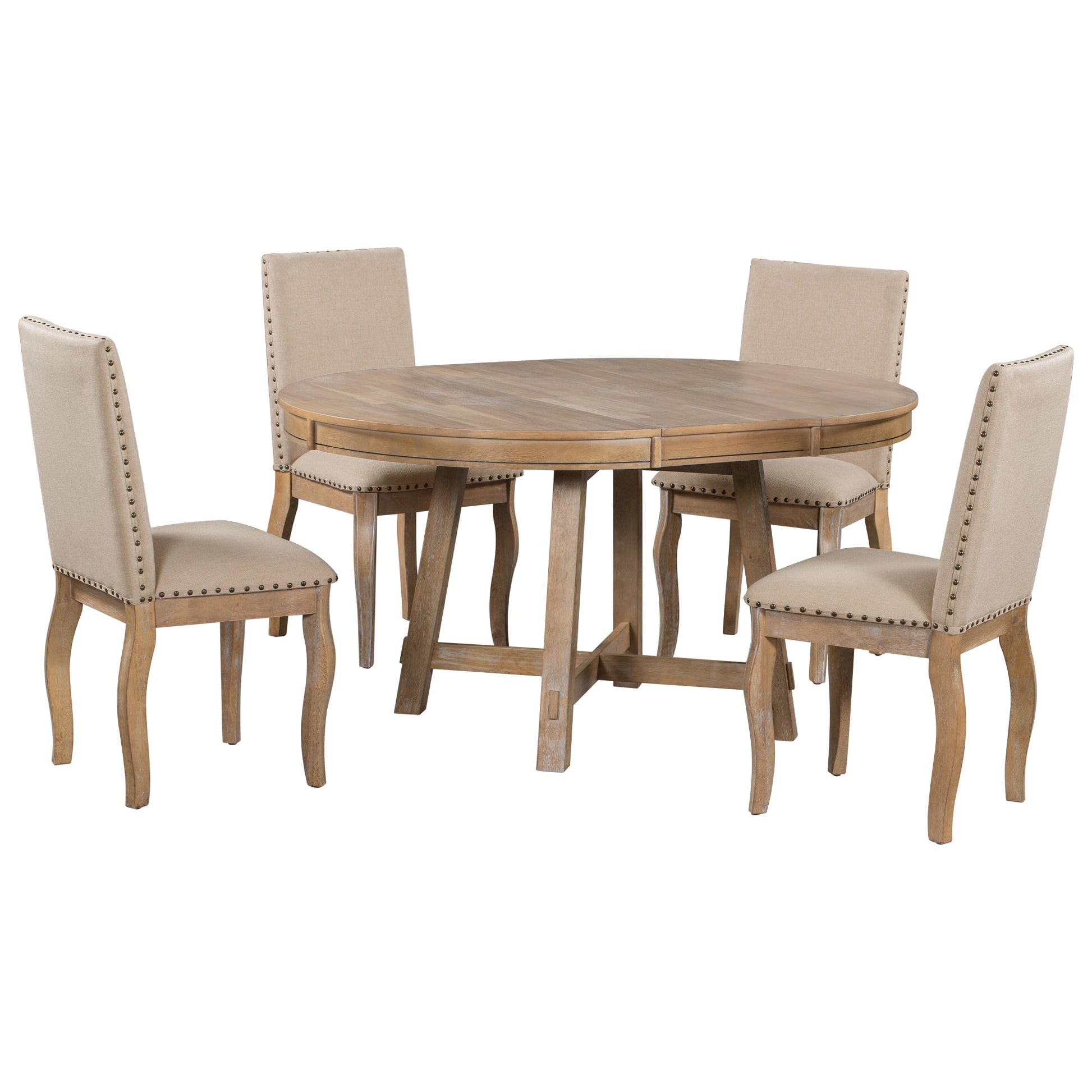 TREXM 5-Piece Farmhouse Dining Table Set Wood Round Extendable Dining Table and 4 Upholstered Dining Chairs (Natural Wood Wash) - Korvel