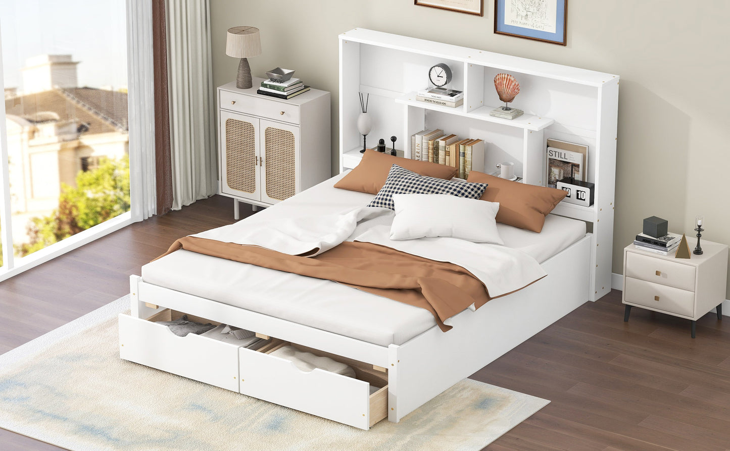 Elegant Queen Size Platform Bed with Storage Headboard, White