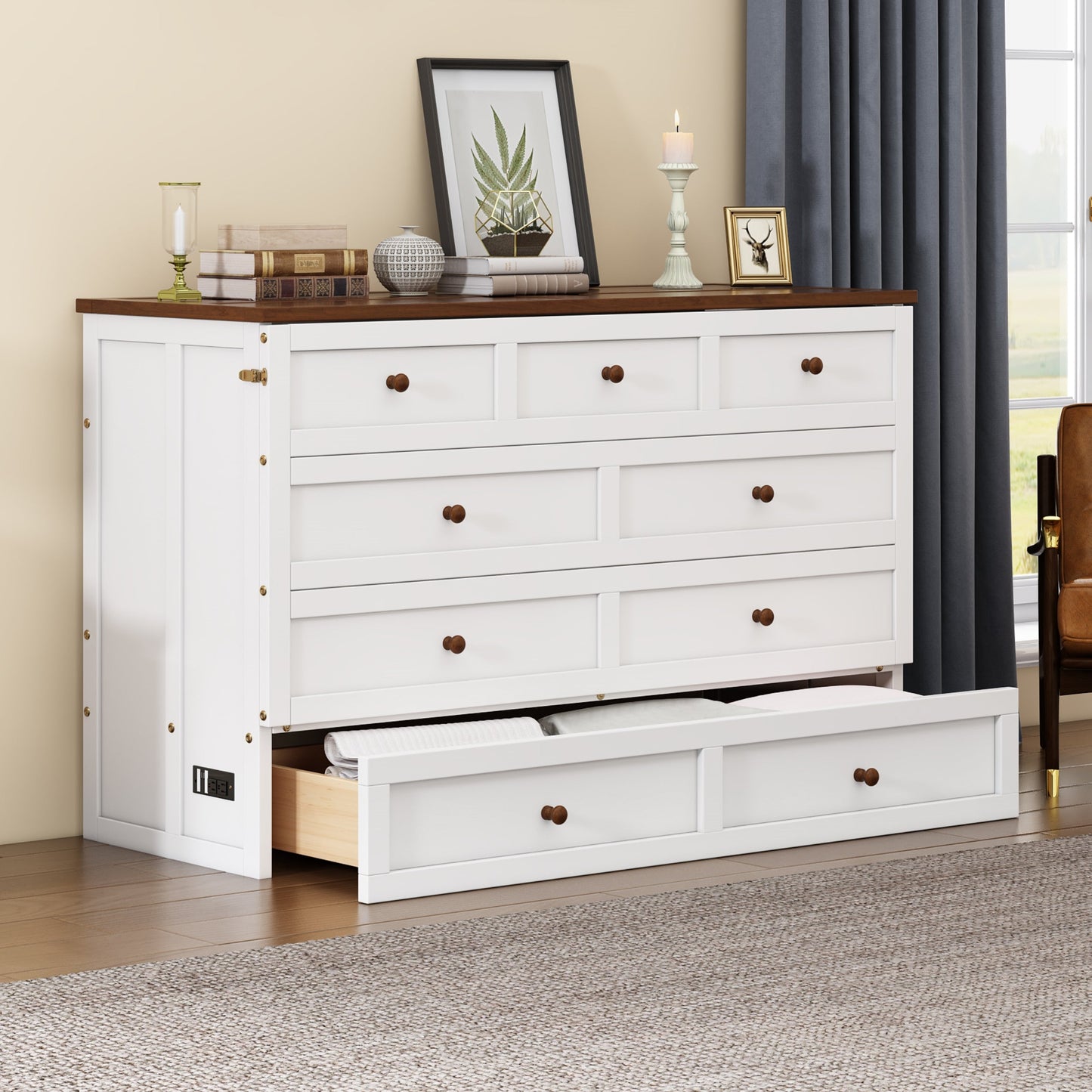 Solid Pine Murphy Bed Chest with Charging Station and Large Storage Drawer for Home Office or Small Room , Queen, White+Walnut - Korvel