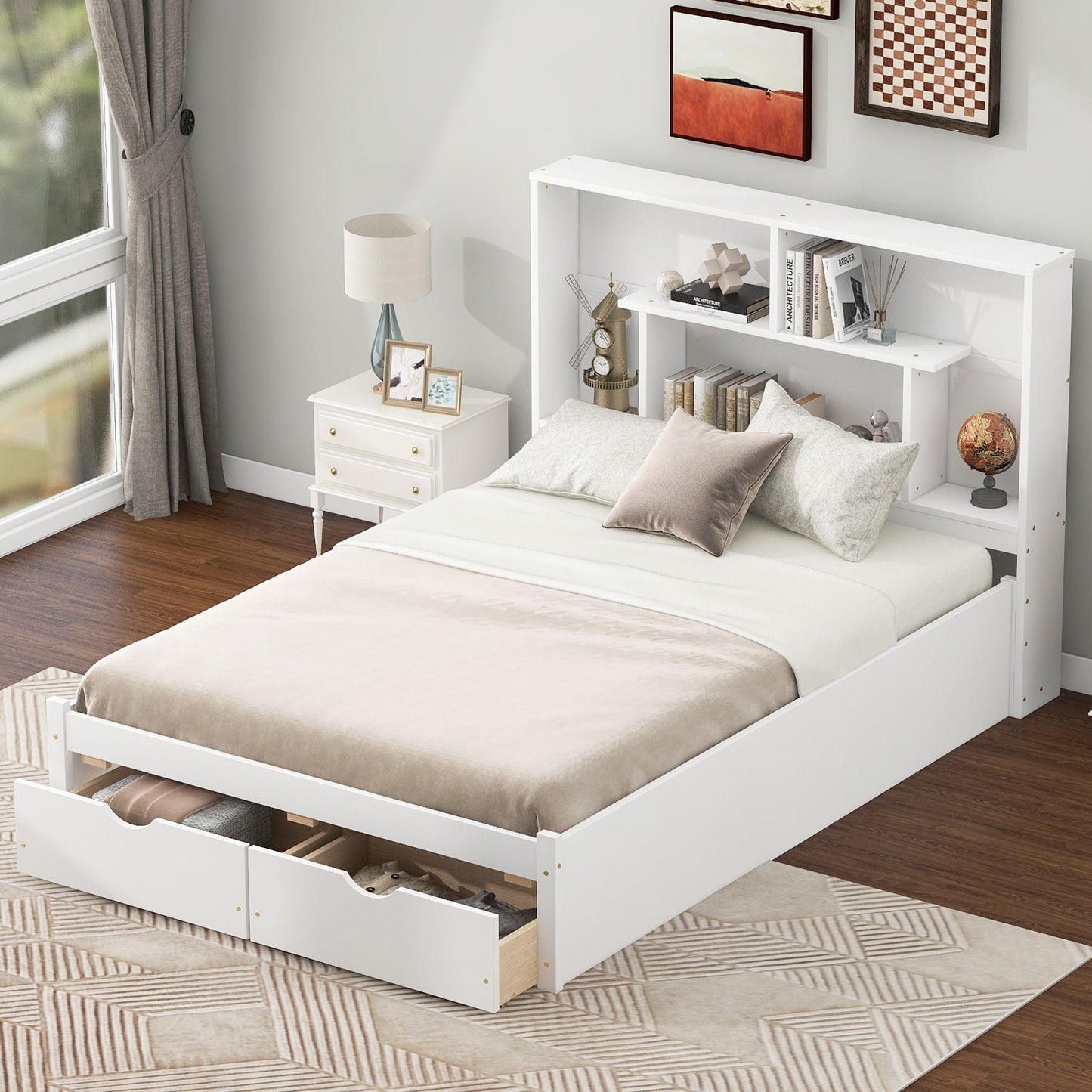 Full Size Platform Bed with Storage Headboard and 2 Drawers, White - Korvel