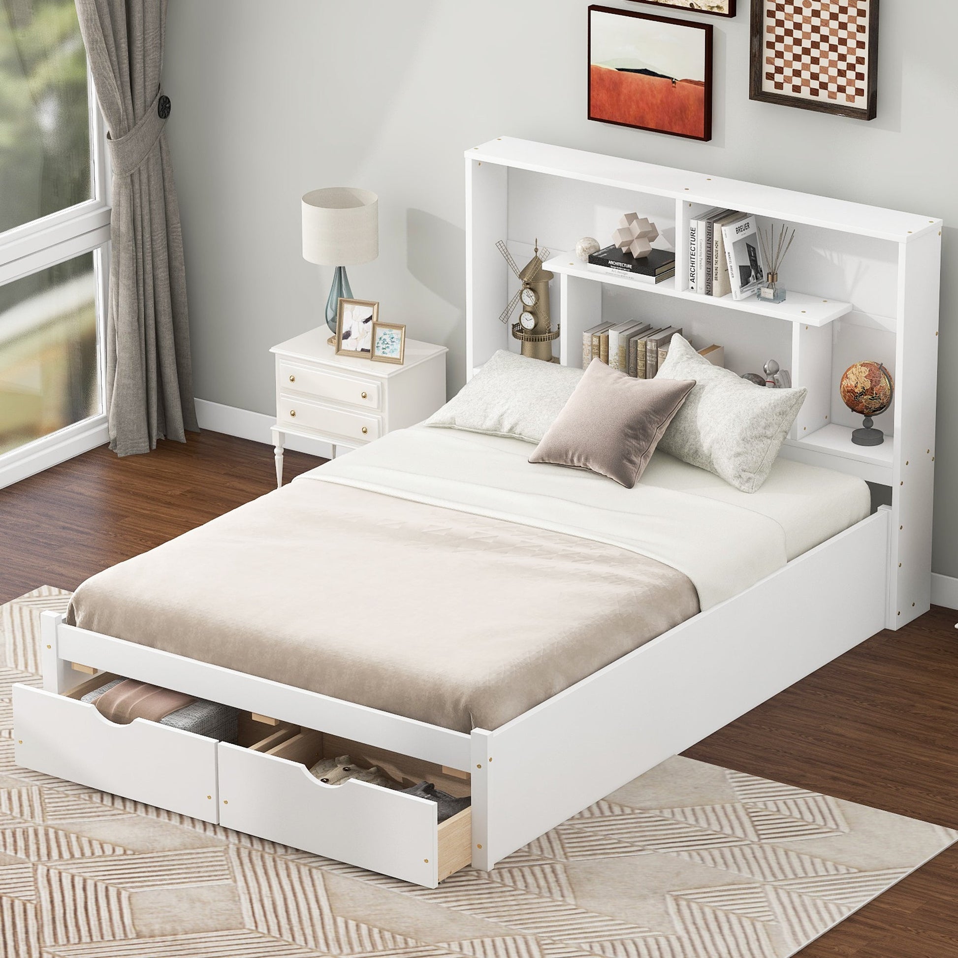 Full Size Platform Bed with Storage Headboard and 2 Drawers, White - Korvel