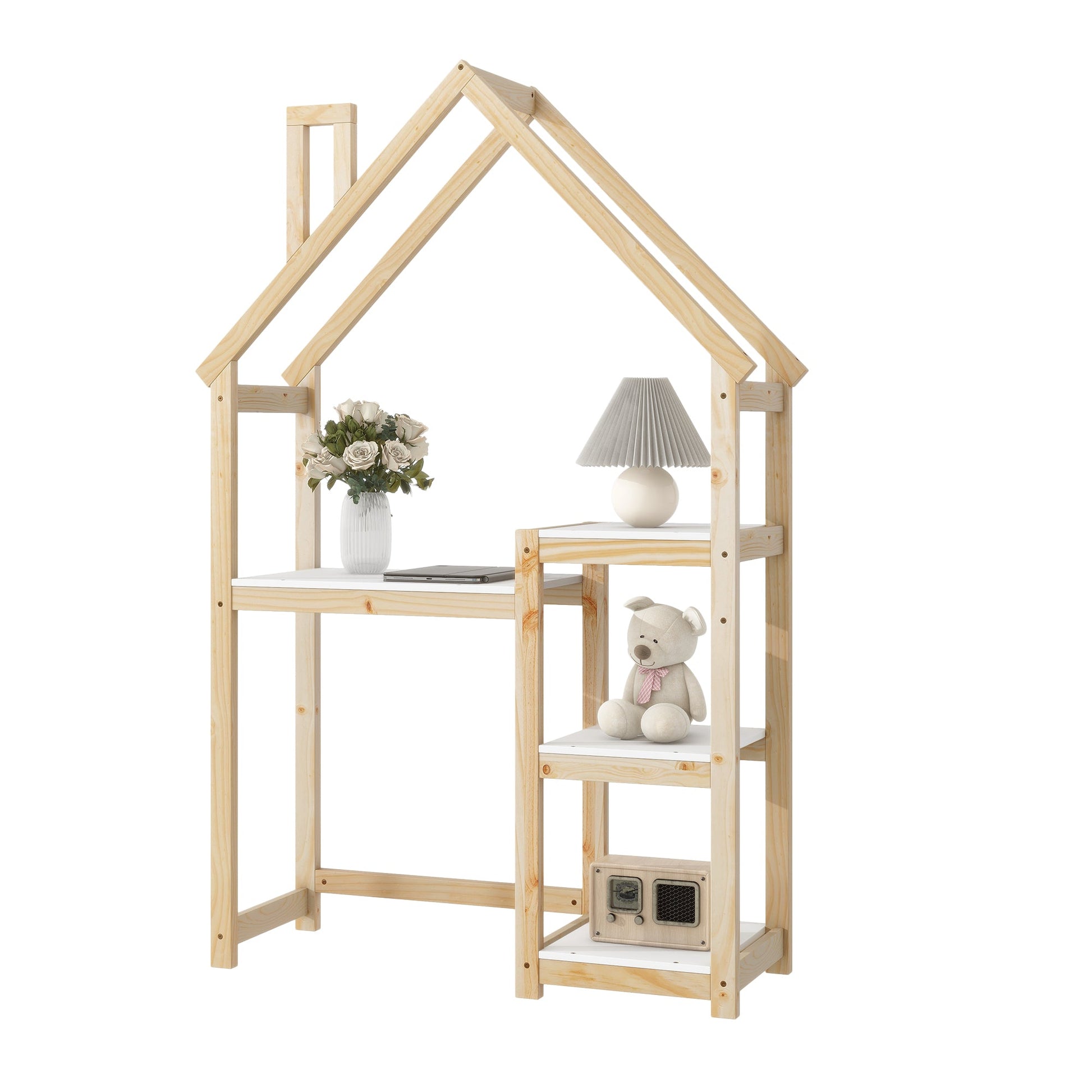 House-shaped Wooden writing Desk Kids study Table Bookshelf & Toy Storage Natural - Korvel