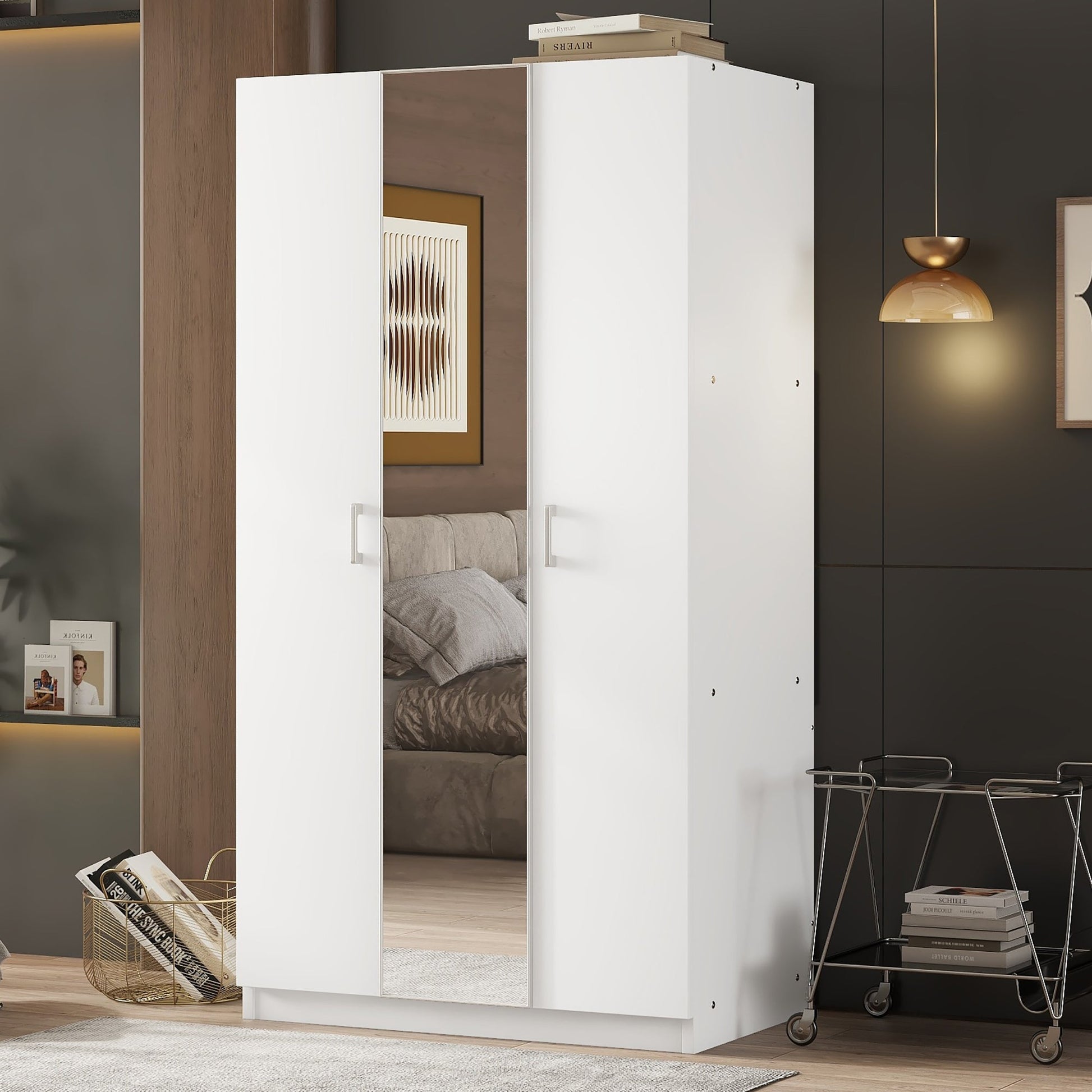 3 Door Wardrobe with Mirror, Armoire with Hanging Rod and 3 Fixed Shelves,White - Korvel