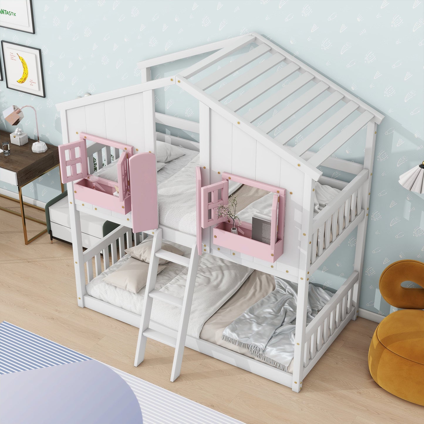Twin over Twin House Bunk Bed with Roof , Window, Window Box, Door , with Safety Guardrails and Ladder, Pink/White - Korvel