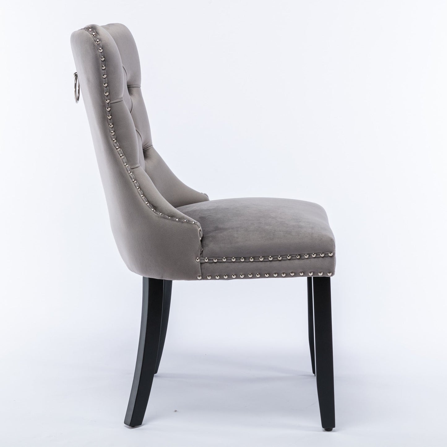 Modern high-end plush solid wood velvet cushioned dining chair with wooden leg nail head decoration, two piece set in gray - Korvel
