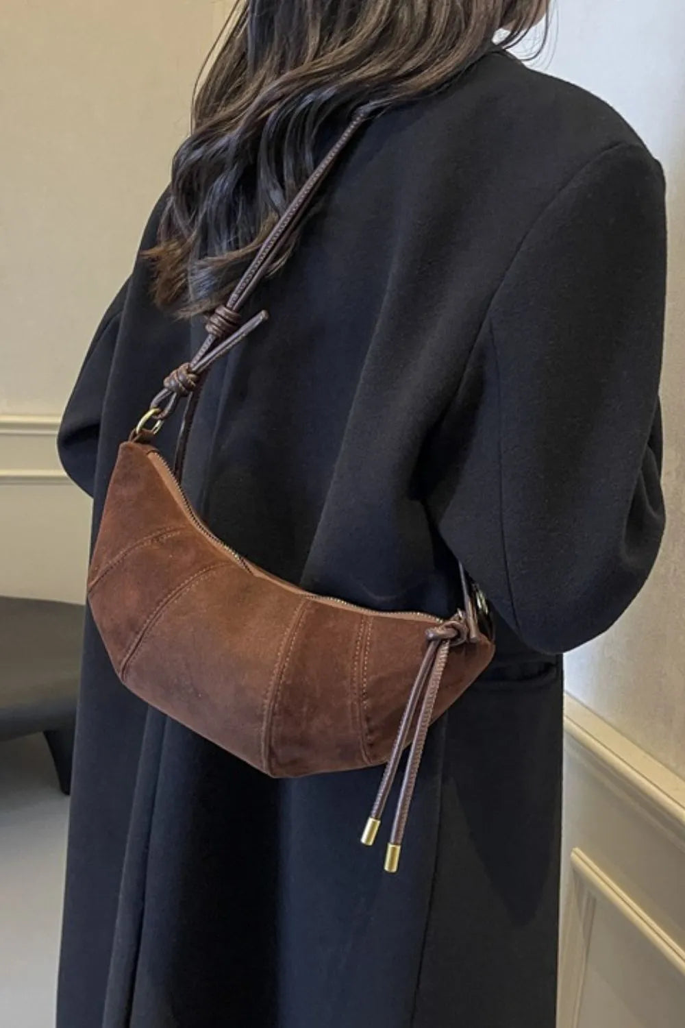 PU Leather Strap Suede Shoulder Bag - Korvel