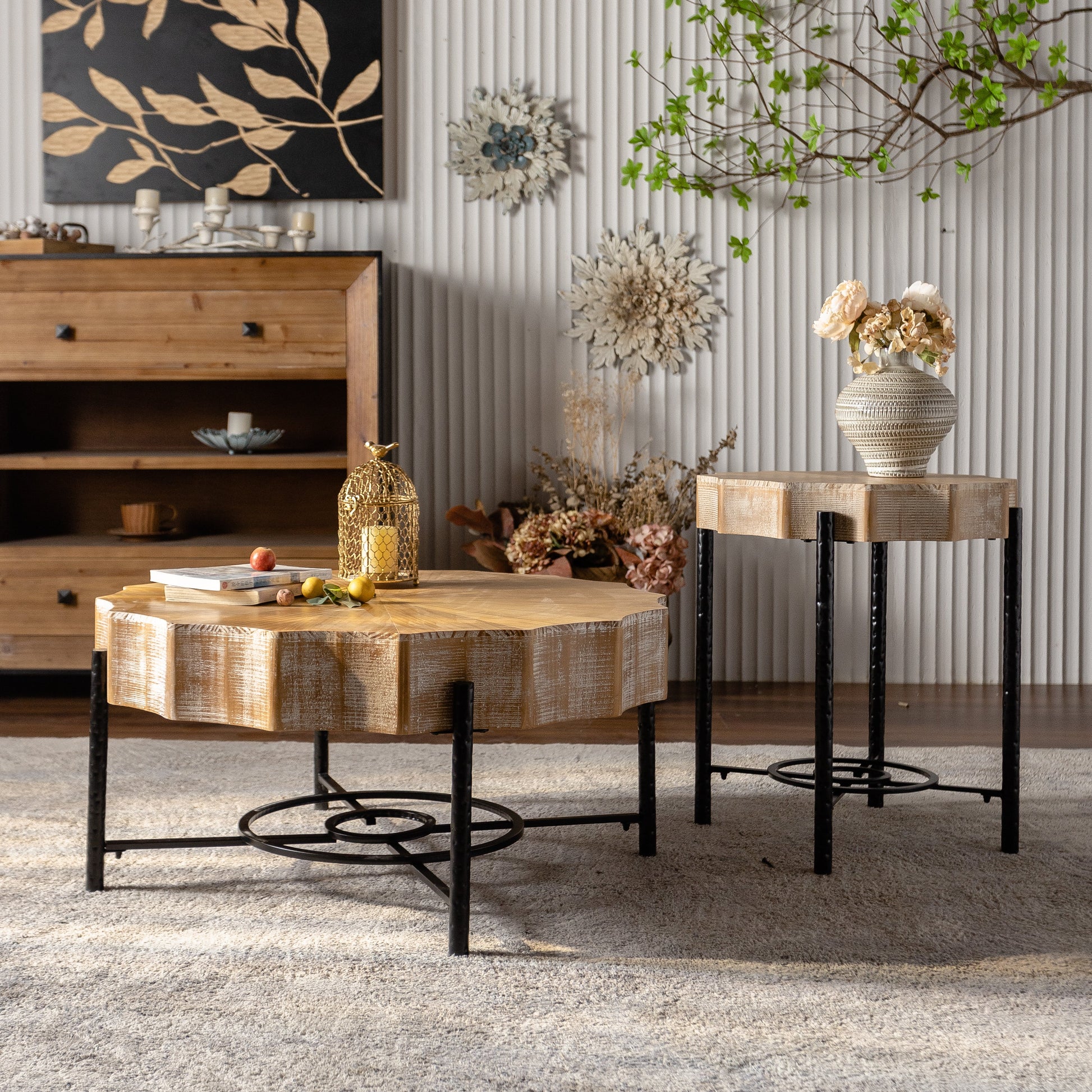 31.5 "Vintage Patchwork Lace Shape Coffee Table Cedar Coffee Table Set (Set of 2) - Korvel