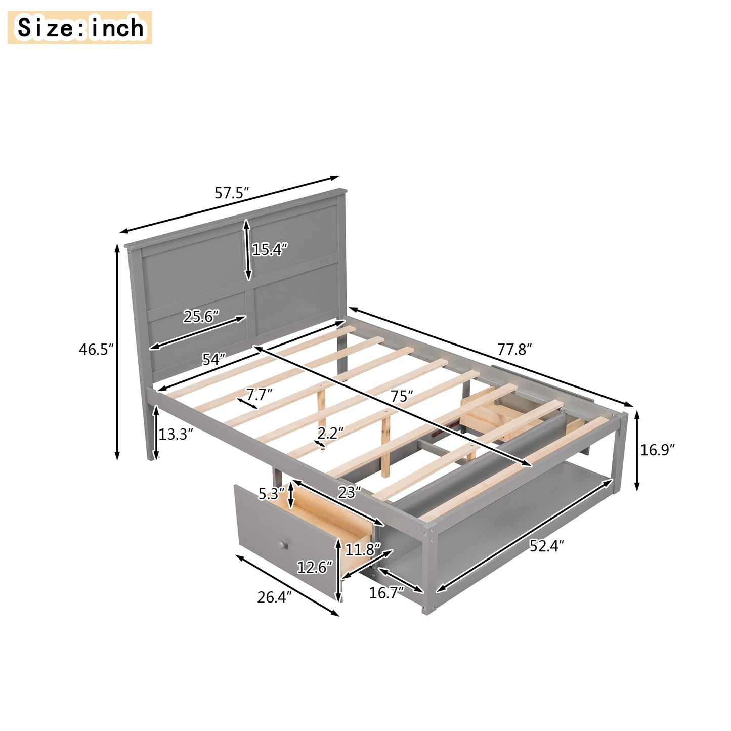 Full Size Platform Bed with Drawer on the Each Side and Shelf on the End of the Bed Gray - Korvel
