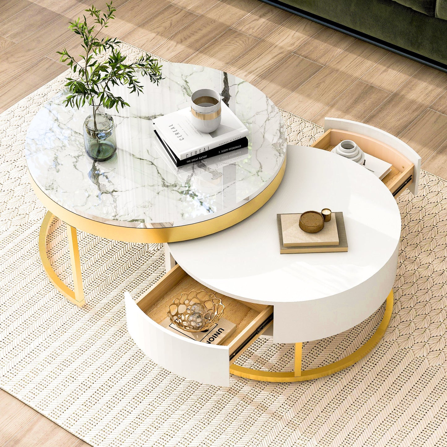 Mesa de café moderna redonda apilable con cajones en blanco