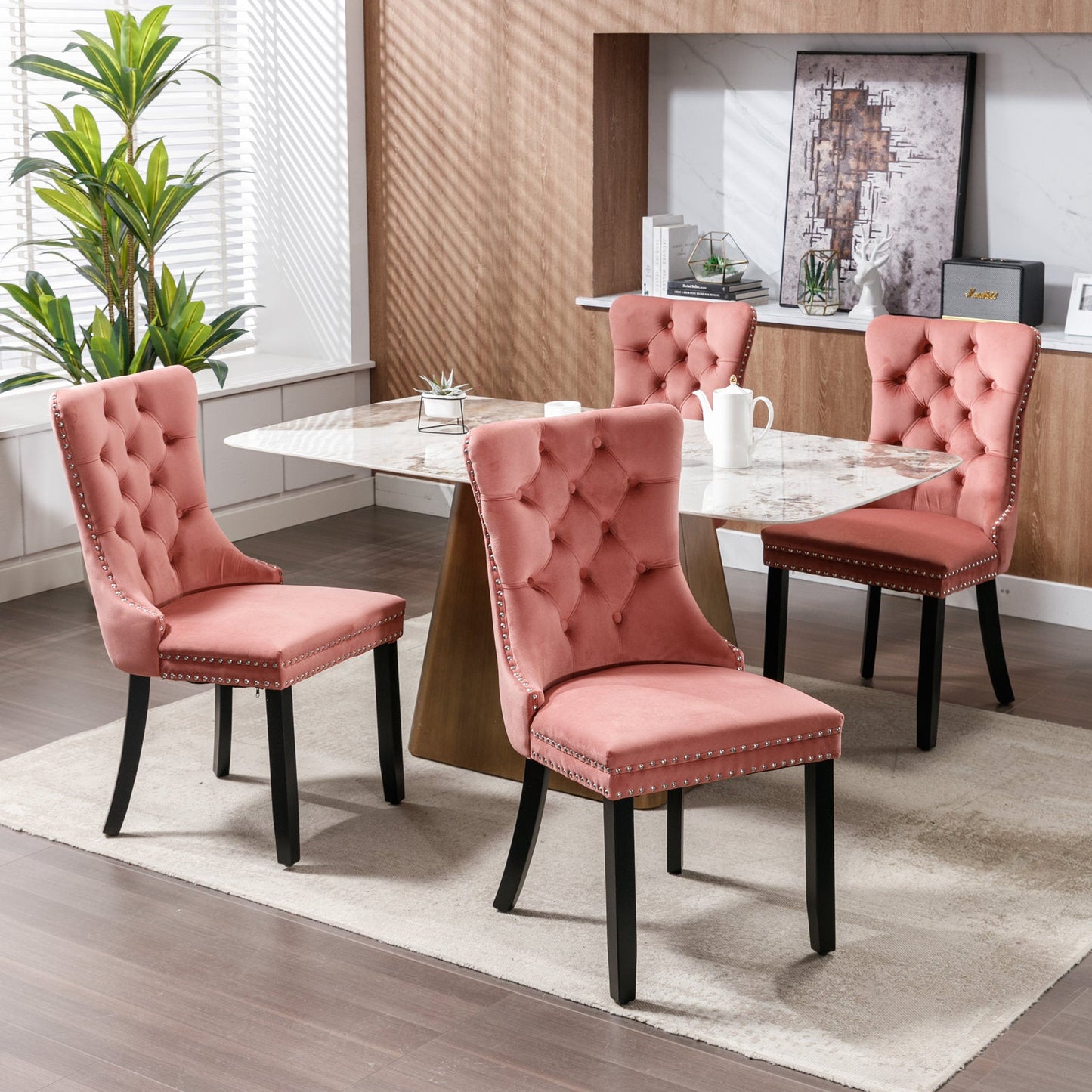 High-end Tufted Solid Wood Contemporary Velvet Upholstered Dining Chair with Wood Legs Nailhead Trim 2-Pcs Set Pink - Korvel