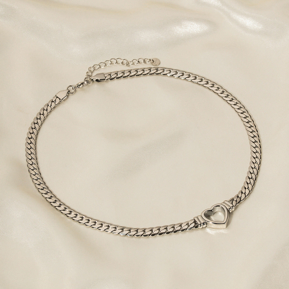 Stainless steel Cuban chain heart-shaped necklace with hollowed out flat snake chain heart pendant necklace for women - Korvel