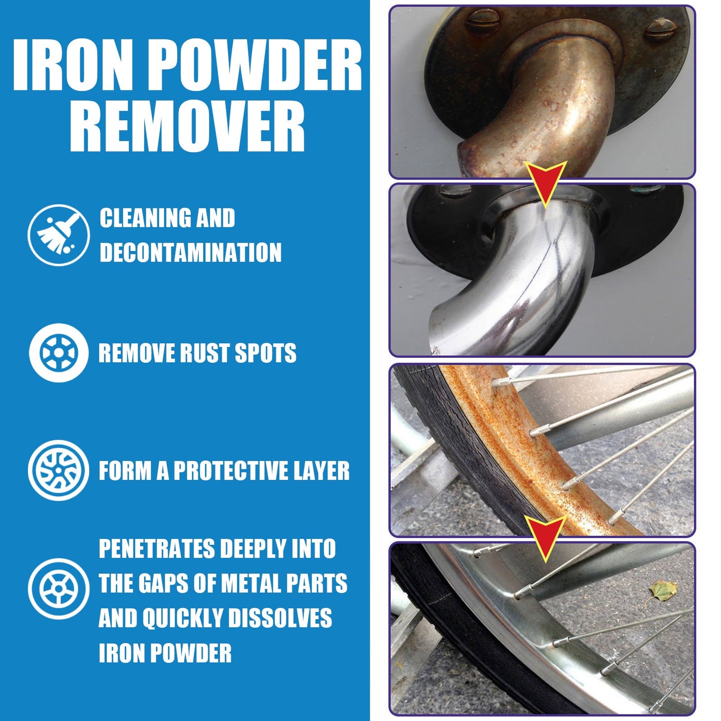 HOMONTH Iron Powder Remover, Decontamination Refurbishing Spray For Metal Parts Of Bicycle Wheels - Korvel