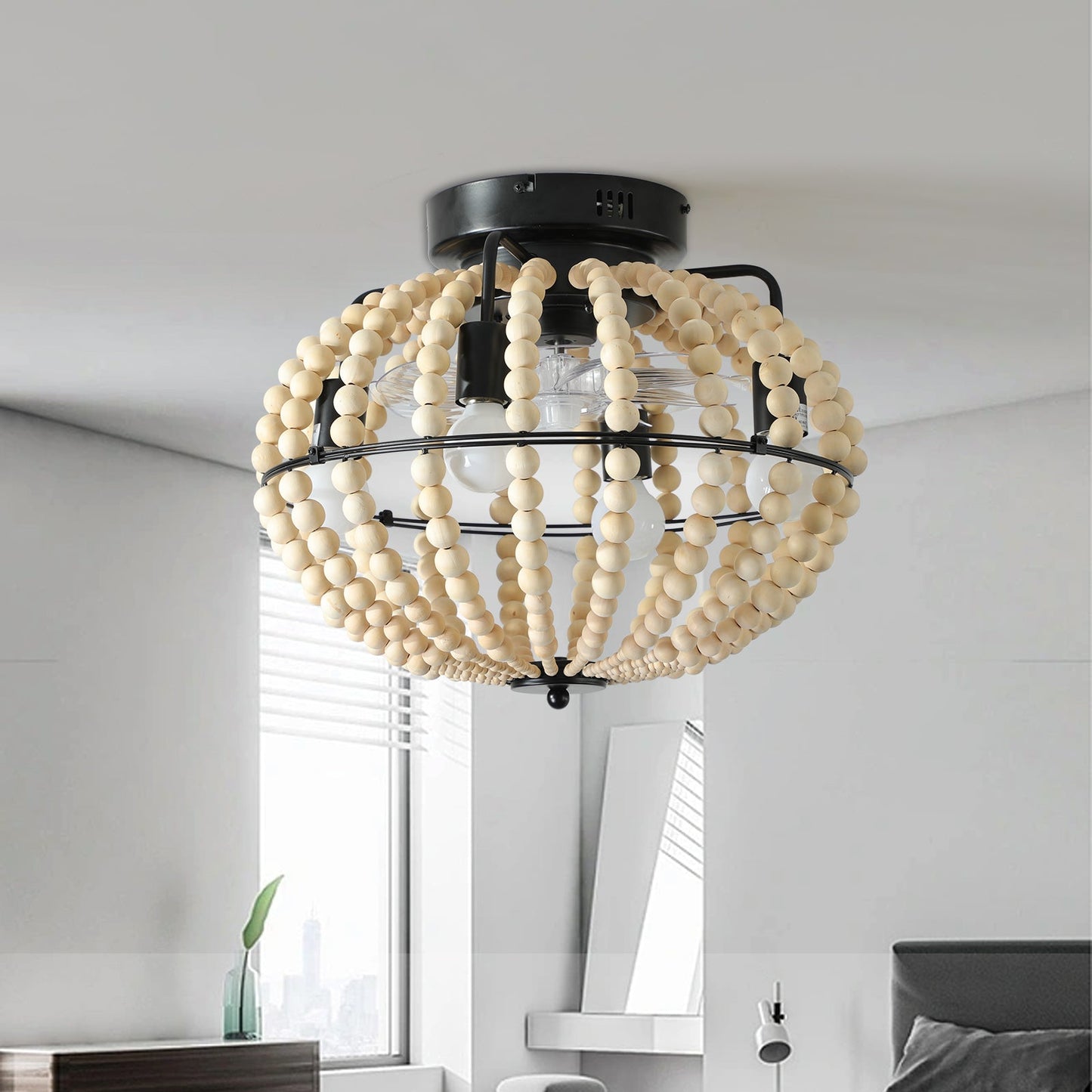 Beaded Fan lamp Wood Beaded Chandelier Oak White - Korvel