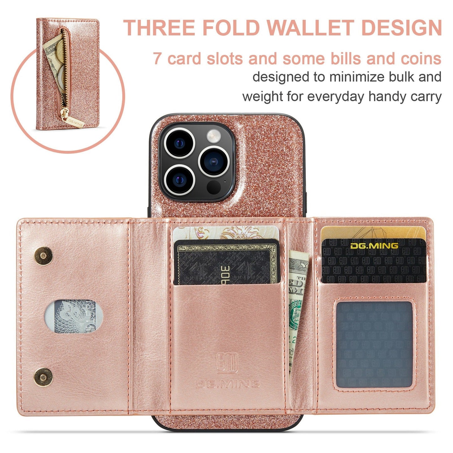 Coque de protection portefeuille M3 Glitter pour iPhone 14 Pro Max