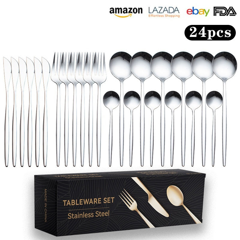 Cutlery Set Stainless Steel Knife Fork Set 24-Piece Tableware Set Golden Steak Knife Fork Spoon 6-Person Set - Korvel