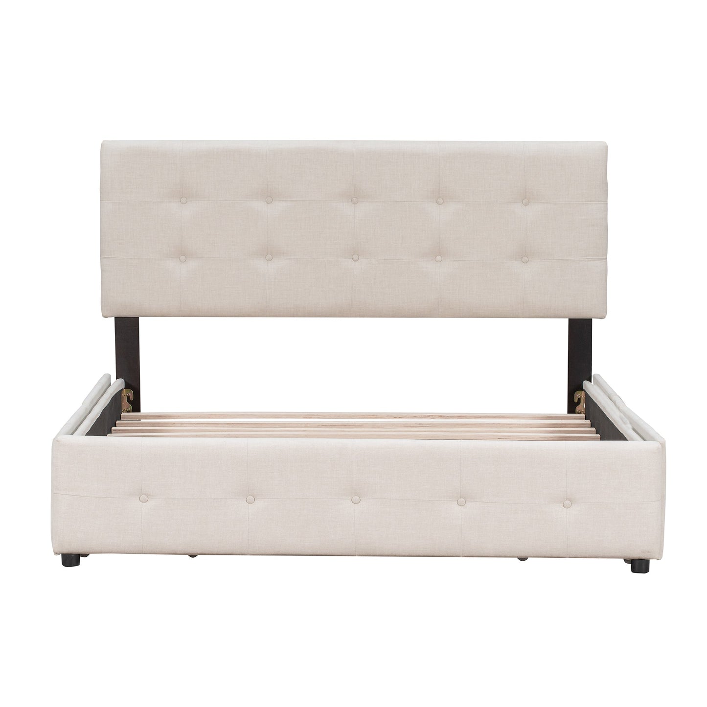 Upholstered Platform Bed with Classic Headboard and 4 Drawers No Box Spring Needed Linen Fabric Queen Size Beige - Korvel