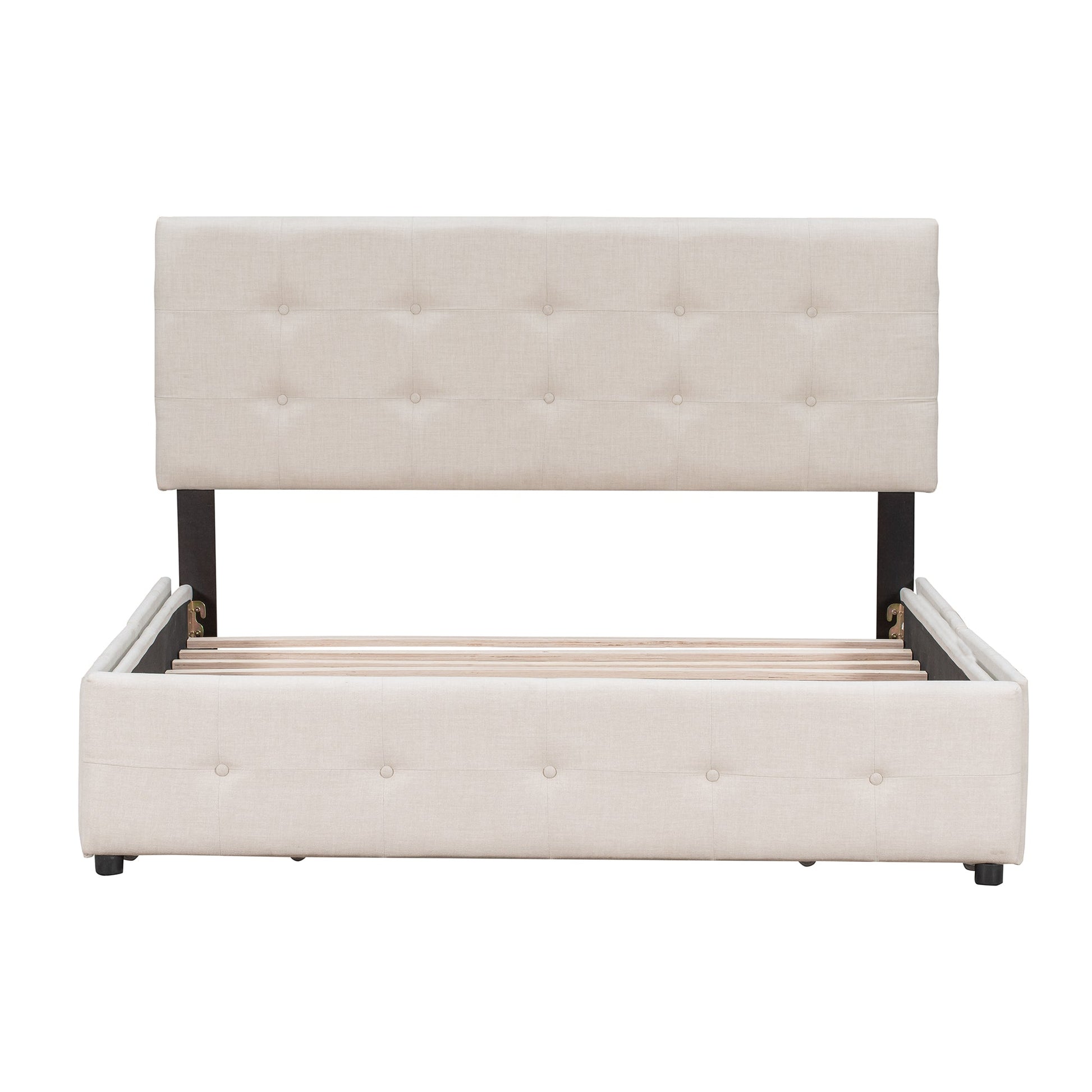 Upholstered Platform Bed with Classic Headboard and 4 Drawers No Box Spring Needed Linen Fabric Queen Size Beige - Korvel