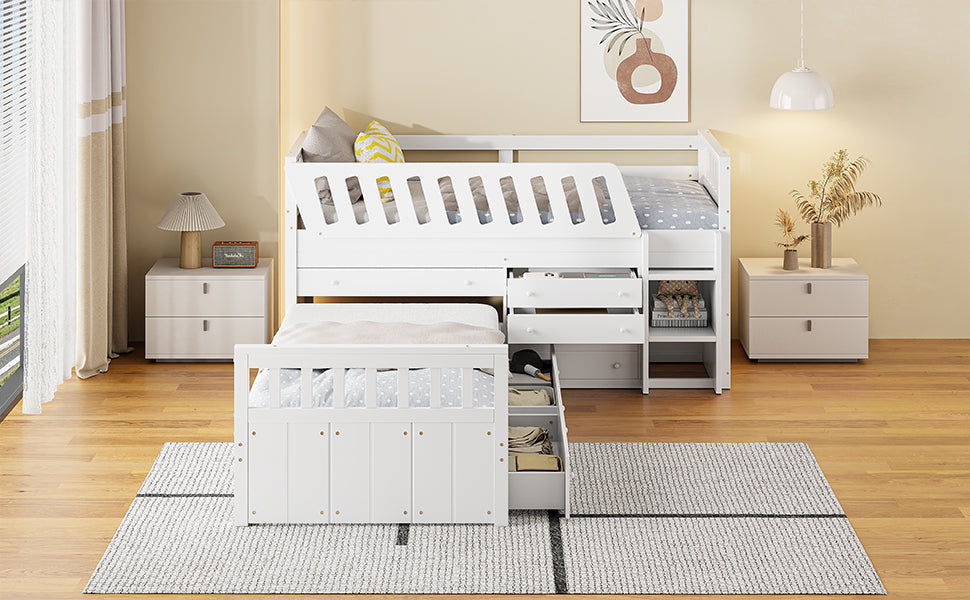 Cama loft twin en forma de L que ahorra espacio con 7 cajones - Blanca