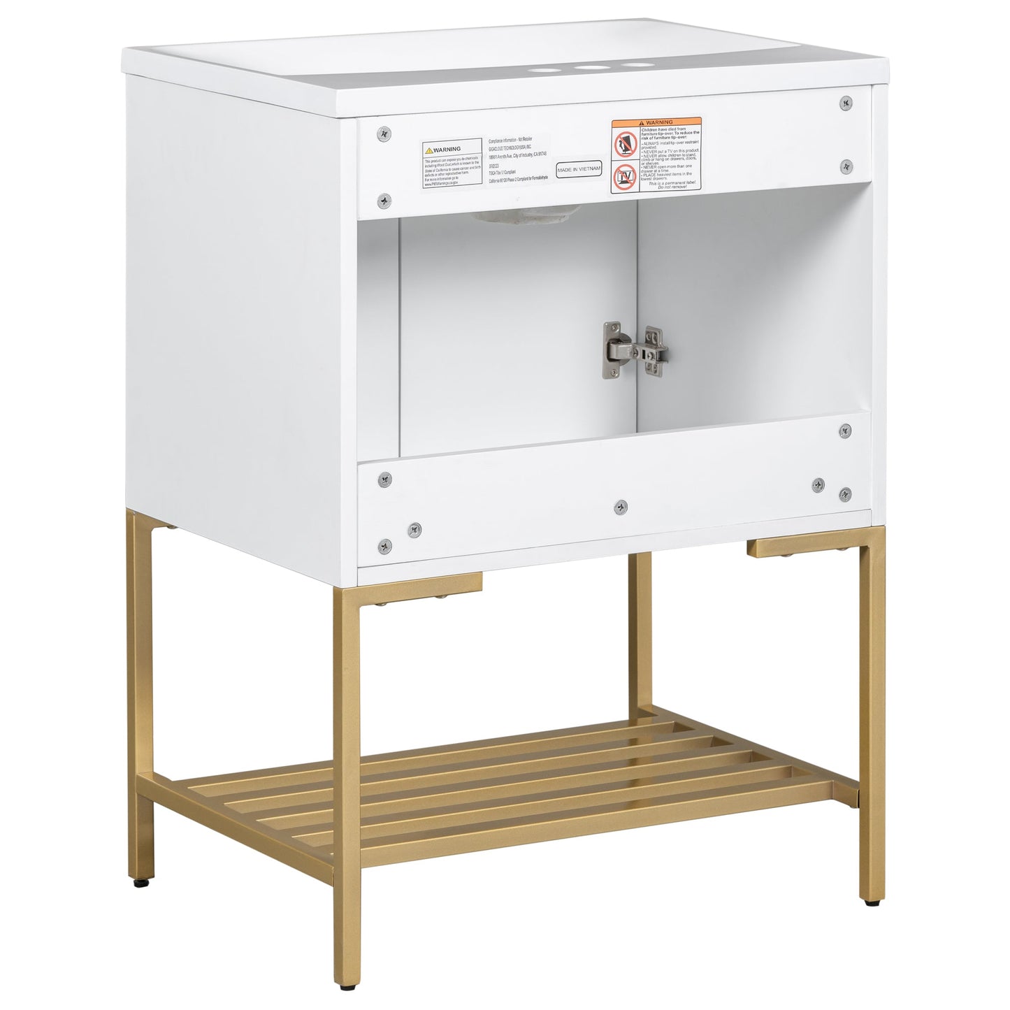 24" Bathroom Vanity with Sink, Bathroom Vanity Cabinet with Two Doors and Gold Metal Frame, Open Storage Shelf, White - Korvel
