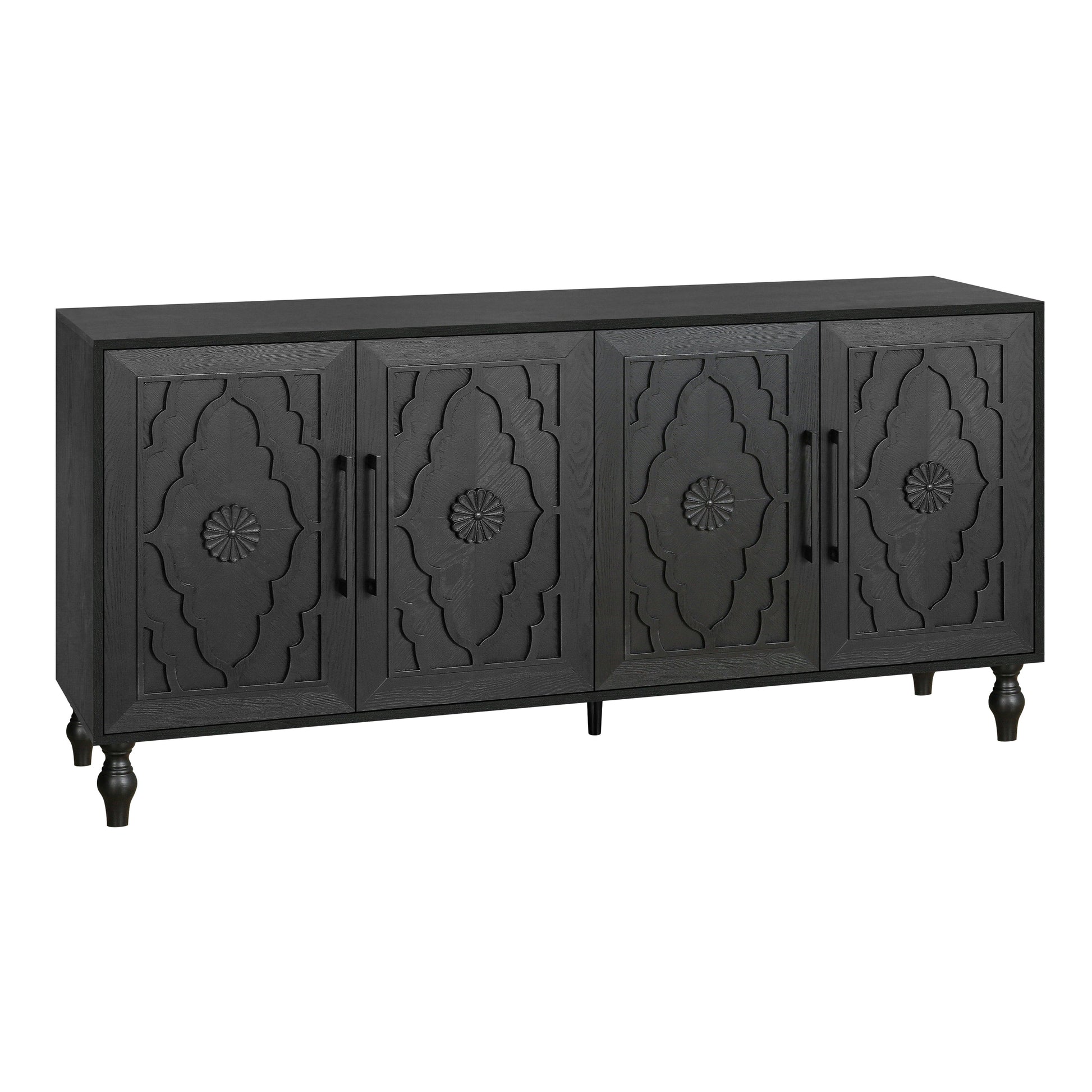 Carved Flower Door Large Storage Cabinet With Metal Handle Suitable For Living Room, Kitchen, Entryway(BLACK) - Korvel