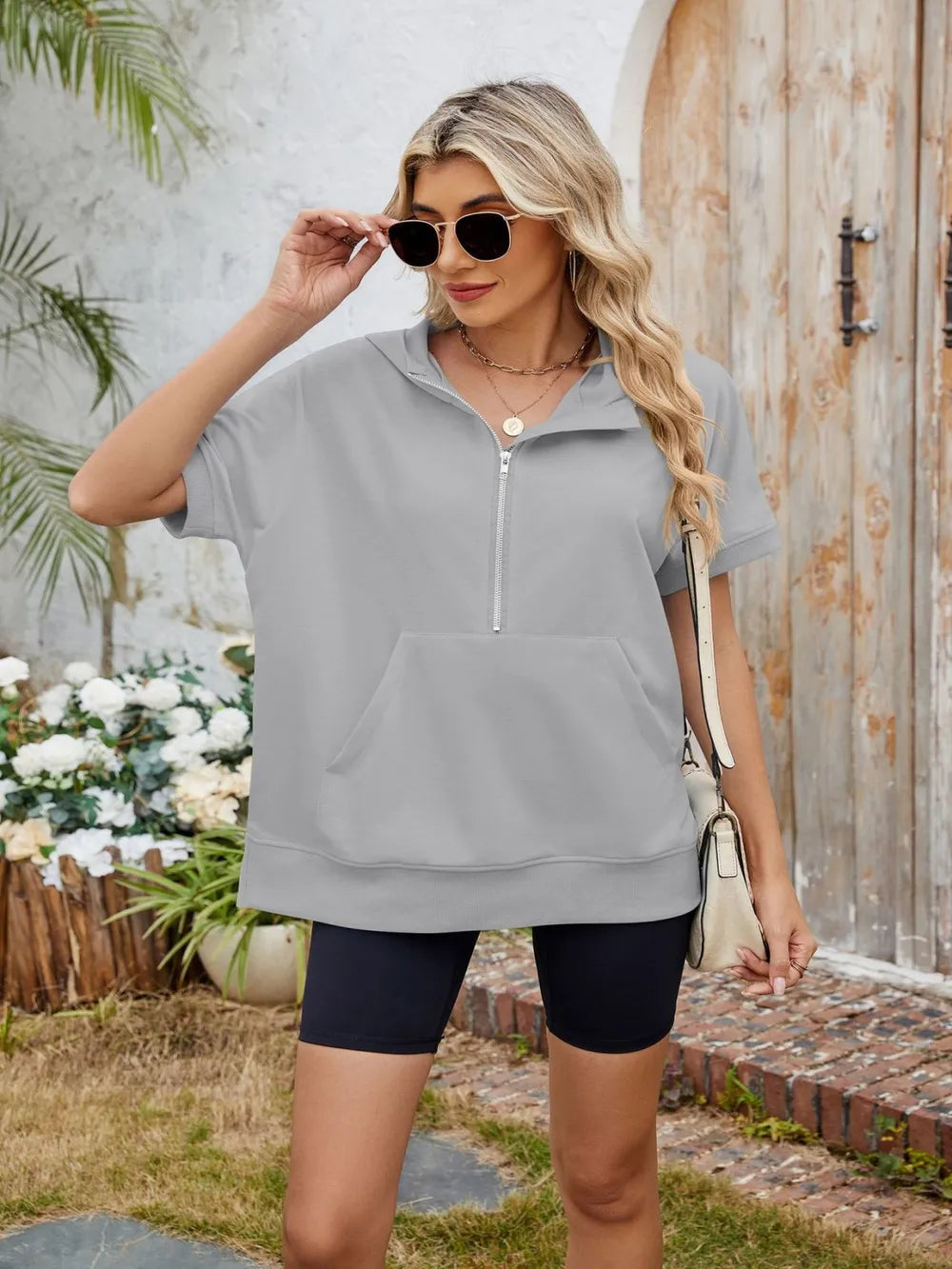 Half Zip Short Sleeve Hooded Top - Korvel