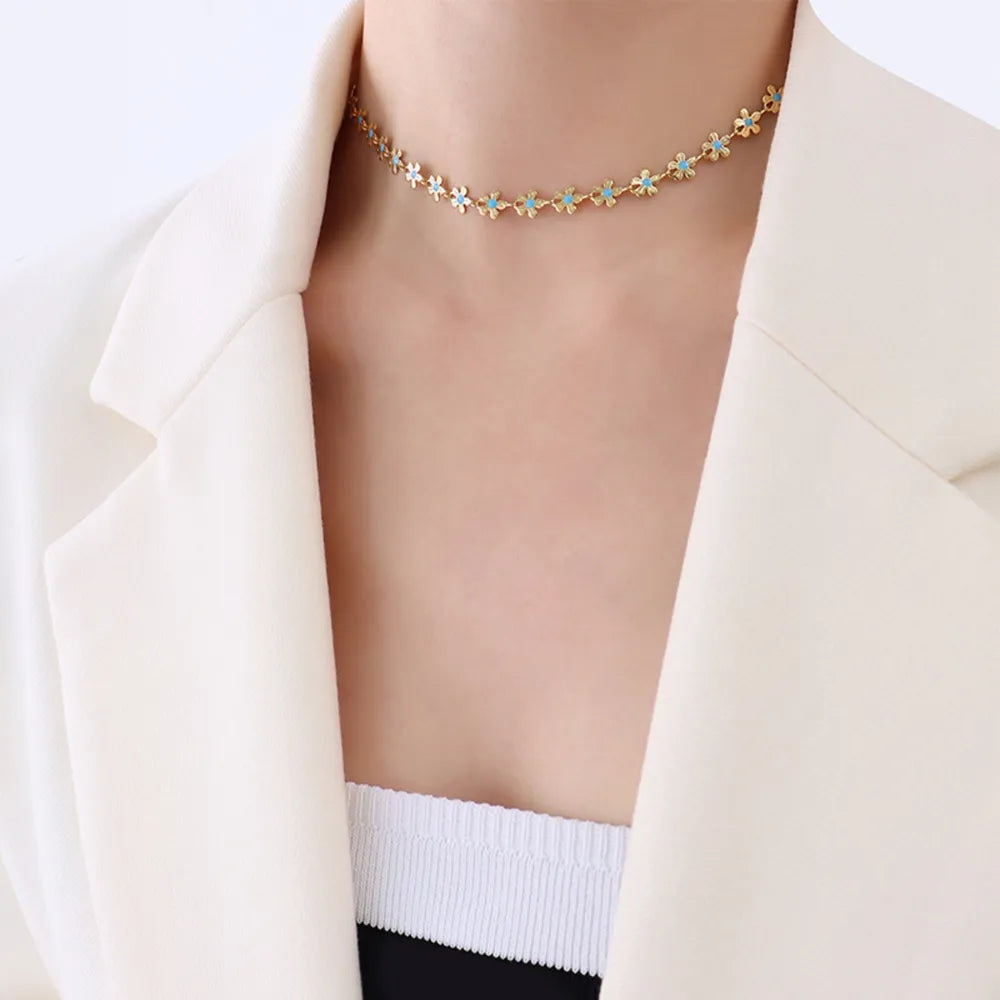 Flower blue drip oil niche light luxury necklace - Korvel