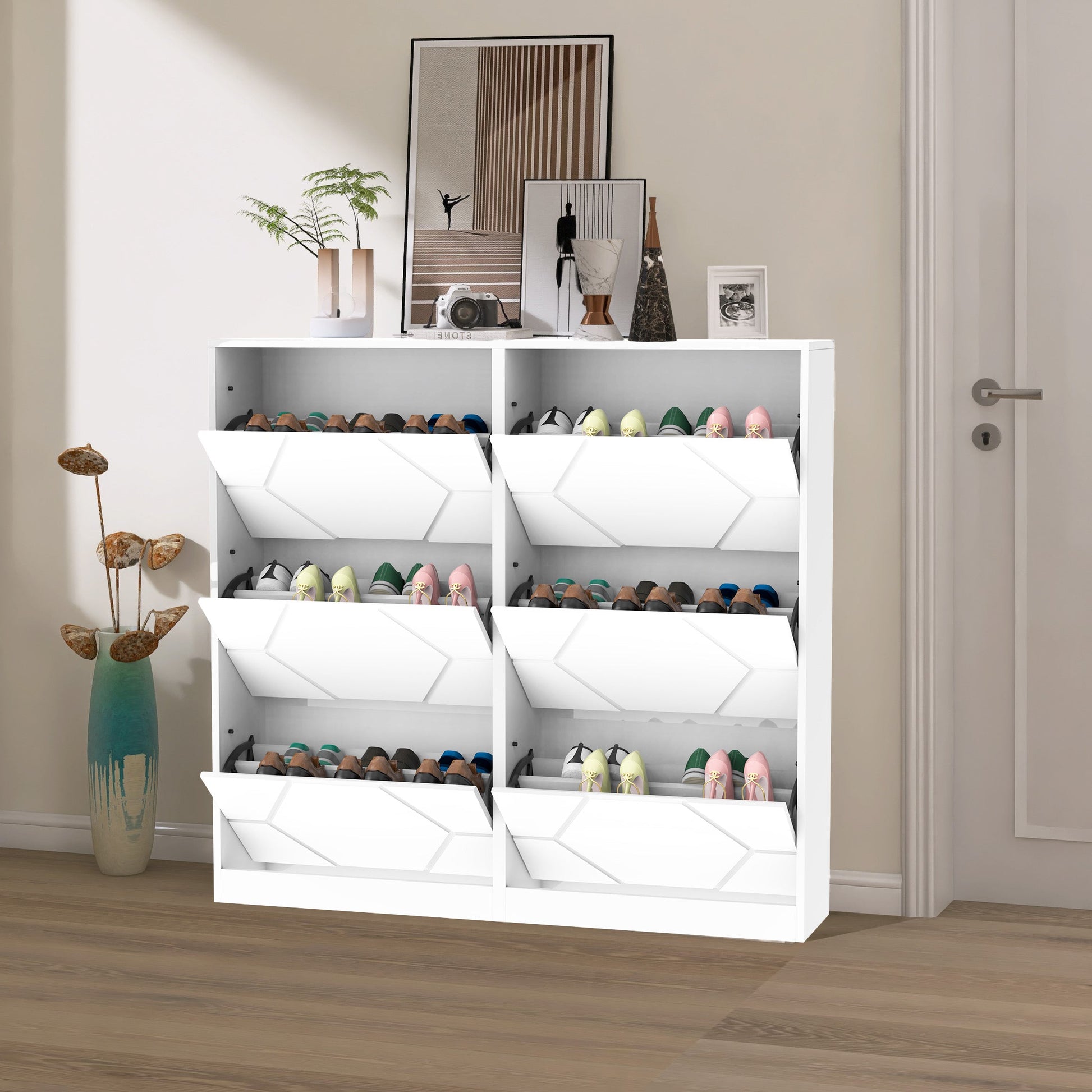 Shoe Storage Cabinet for Entryway, 6 Tiers Shoe Organizer with Carved Panels Vertical Shoe Cabinet for Front Door Entrance - Korvel