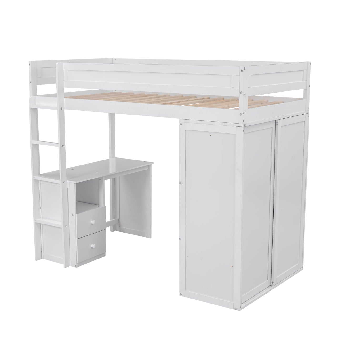 Wood Twin Size Loft Bed with Wardrobes and 2-Drawer Desk with Cabinet  White - Korvel