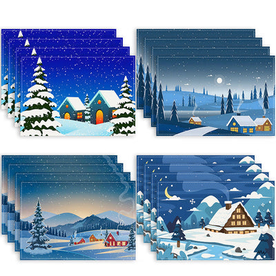 Christmas placemat white hemp Christmas scenery print home table mat living room dining table coaster - Korvel