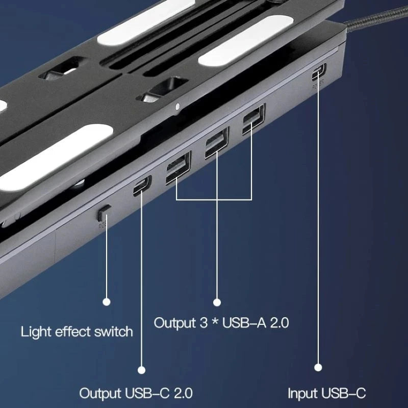 RGB Laptop Stand Adjustable 6 Gear Height Heat Dissipation USB Type-c Hub Ergonomic Notebook Holder for MacBook Tablet Phone - Korvel