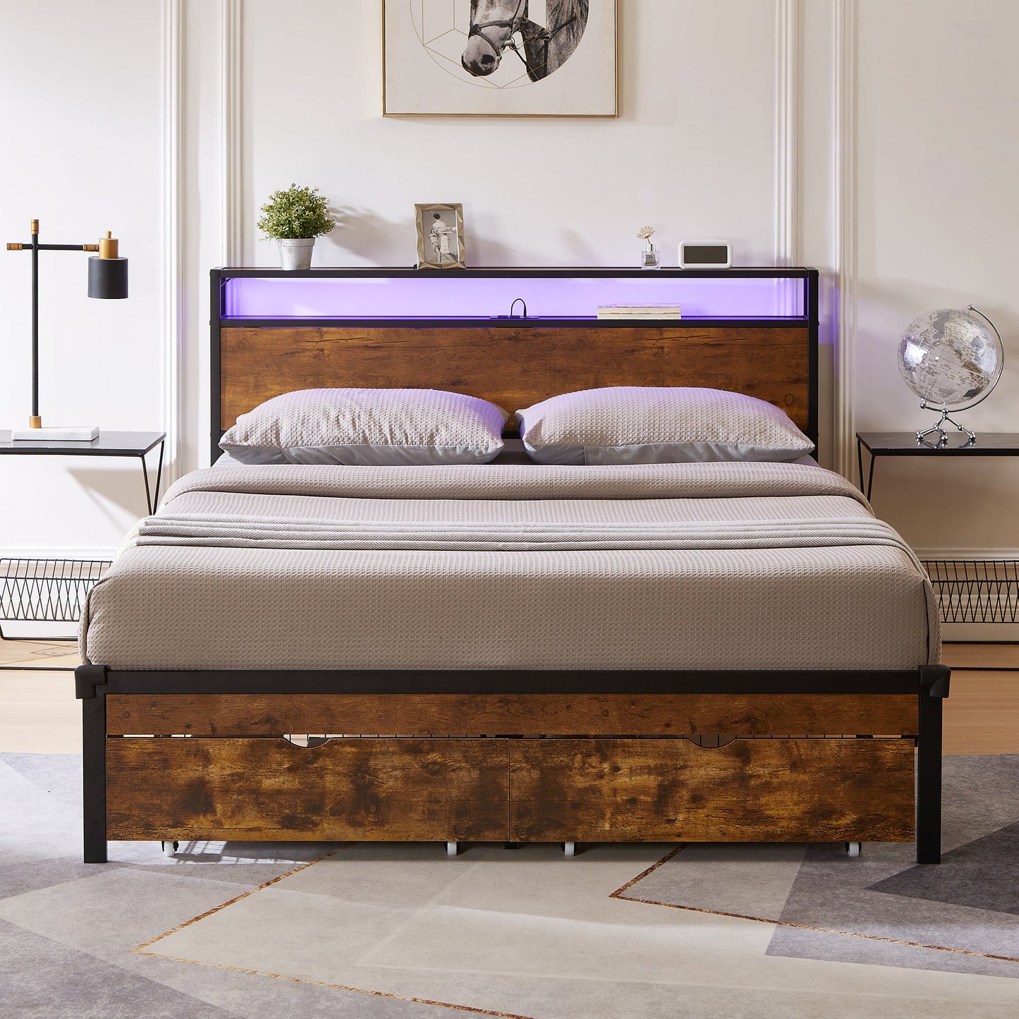 Large metal bed frame with wooden headboard and USB foot pedal, charging station, 2 drawers, LED lights, no need for box spring - Korvel