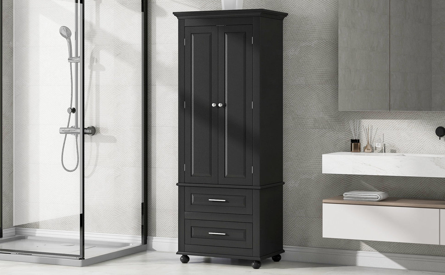 Tall Storage Cabinet with Two Drawers for Bathroom/Office, Black - Korvel