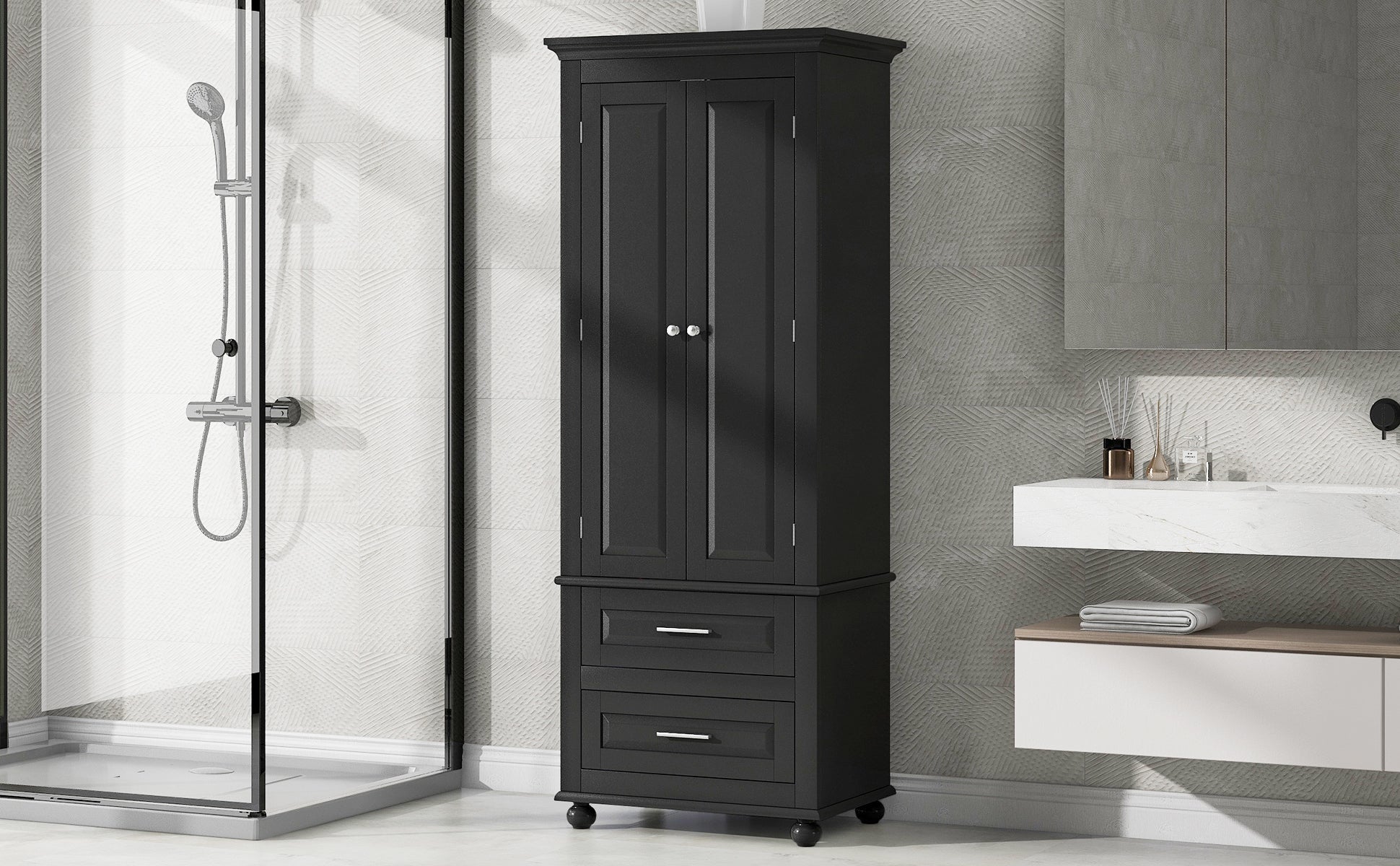 Tall Storage Cabinet with Two Drawers for Bathroom/Office, Black - Korvel