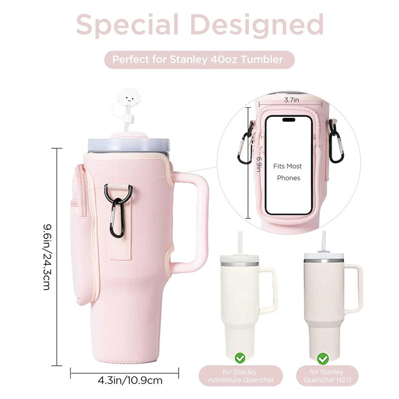 Water Bottle Carrier Bag with Phone Pocket for Stanley 40oz Tumbler with Handle Neoprene Water Bottle Holder Pouch - Korvel
