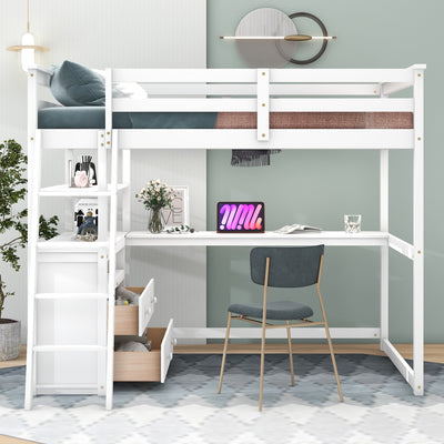 Full Size Loft Bed with Desk and Shelves, Two Built-in Drawers