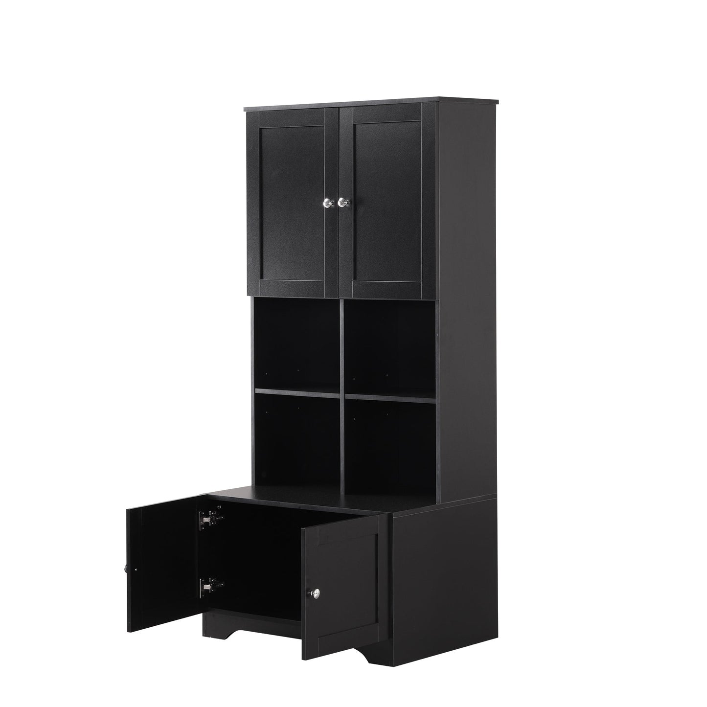 Bathroom storage cabinet, 4-door independent cabinet, adjustable shelf, open multi-layer shelf, black - Korvel