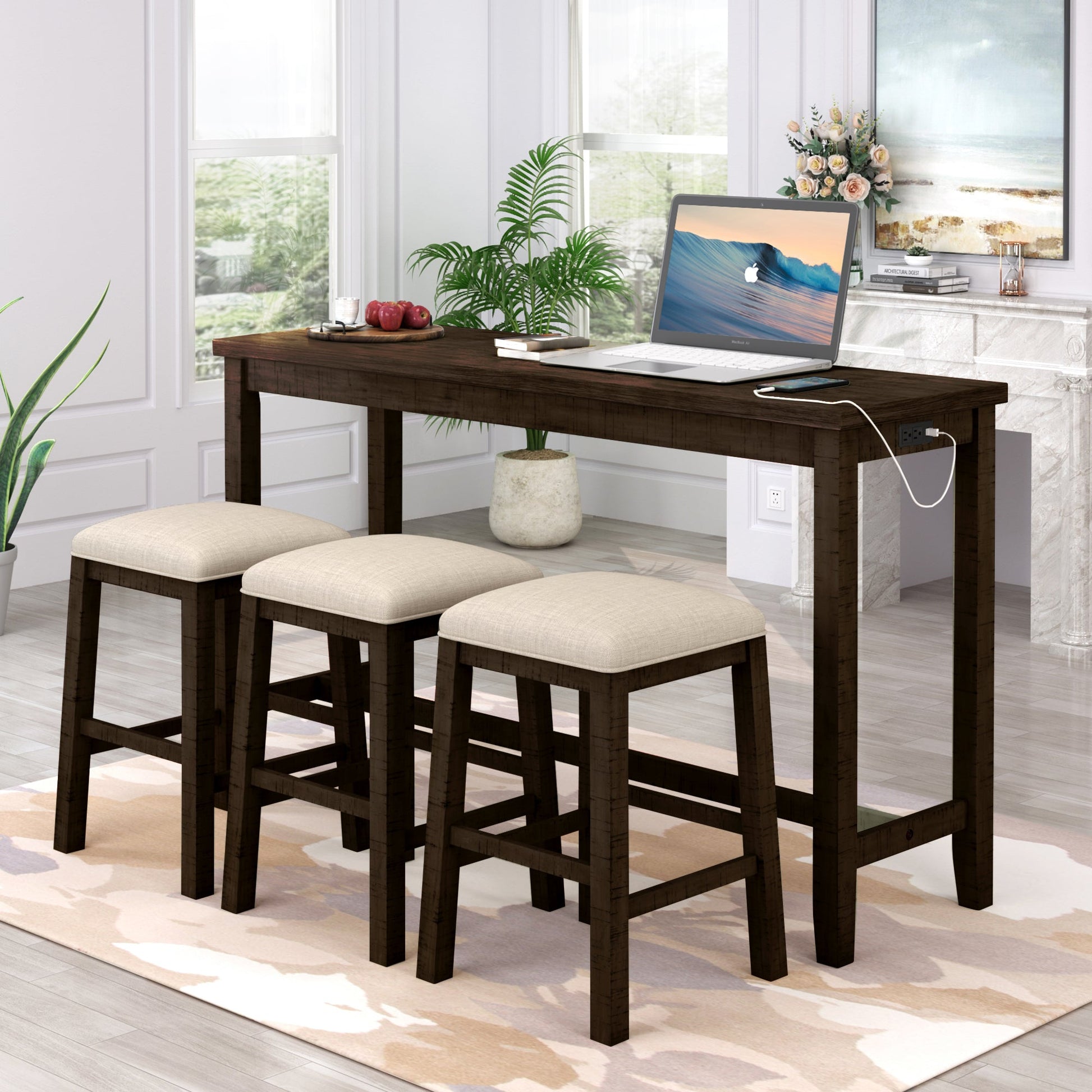 TOPMAX 4 Pieces Counter Height Table with Fabric Padded Stools, Rustic Bar Dining Set with Socket, Brown - Korvel