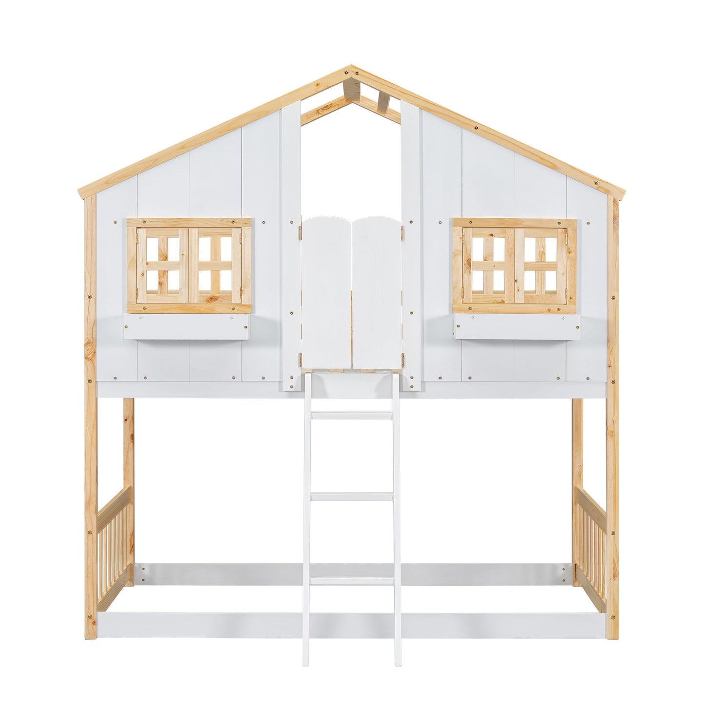 Twin over Twin House Bunk Bed with Roof , Window, Window Box, Door , with Safety Guardrails and Ladder, Natural/White - Korvel