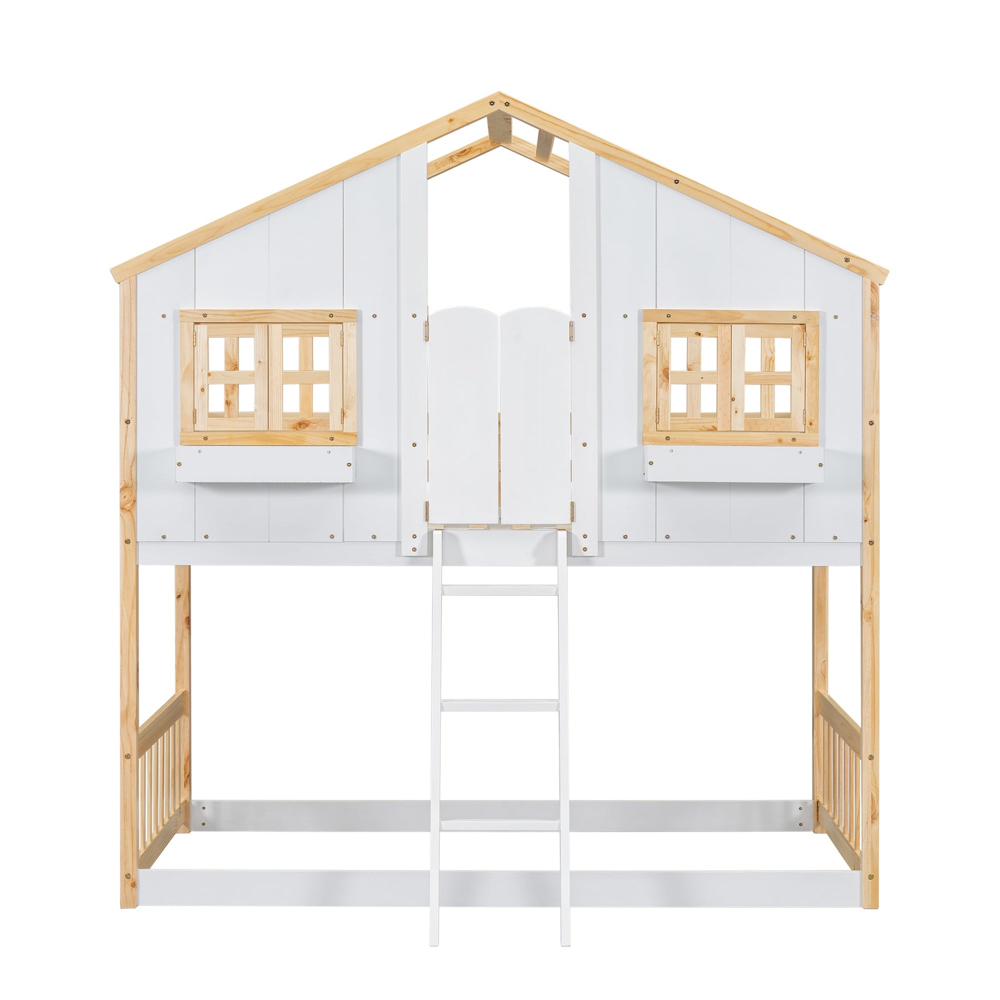 Twin over Twin House Bunk Bed with Roof , Window, Window Box, Door , with Safety Guardrails and Ladder, Natural/White - Korvel