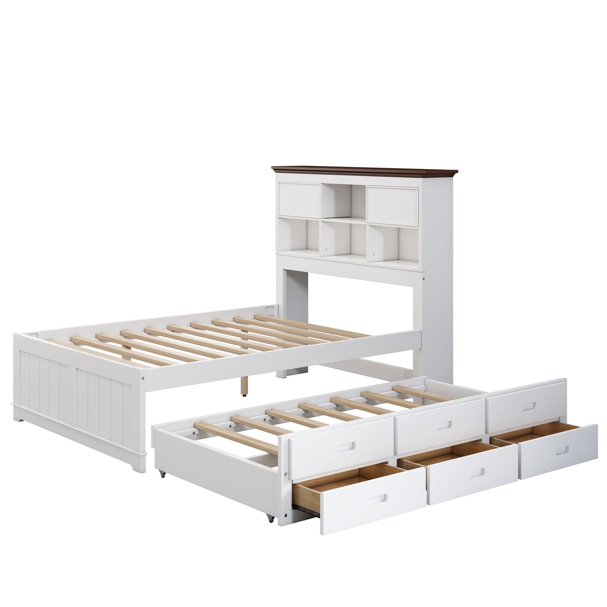 Solid Pine Captain Bookcase Bed with Trundle Bed and 3 Spacious Under Bed Drawers in Casual,Full, White+Walnut - Korvel