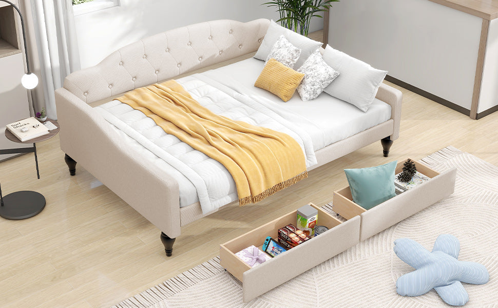 Full Size Upholstered Tufted Daybed with Two Drawers, Beige - Korvel