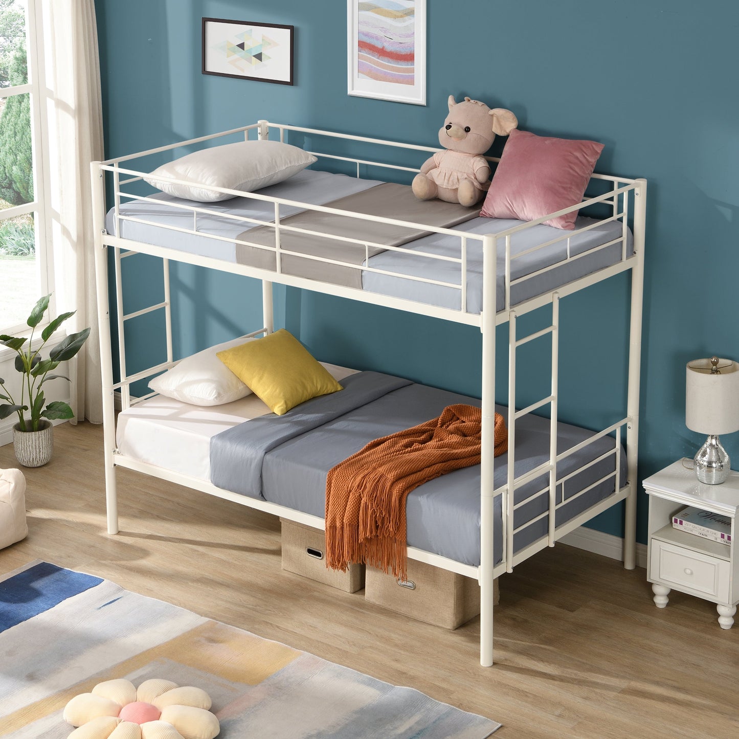 Twin metal bunk beds, metal structure bed frame with safety guardrails and 2 ladders, convertible bunk beds, white - Korvel